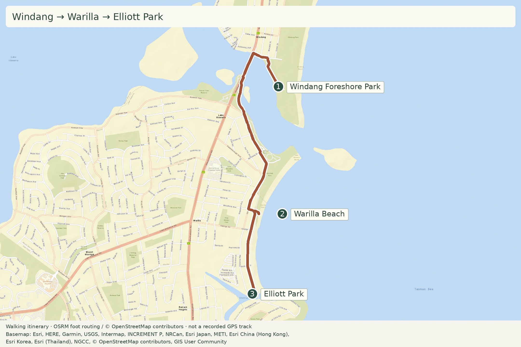 Walking itinerary: Windang → Warilla → Elliott Park