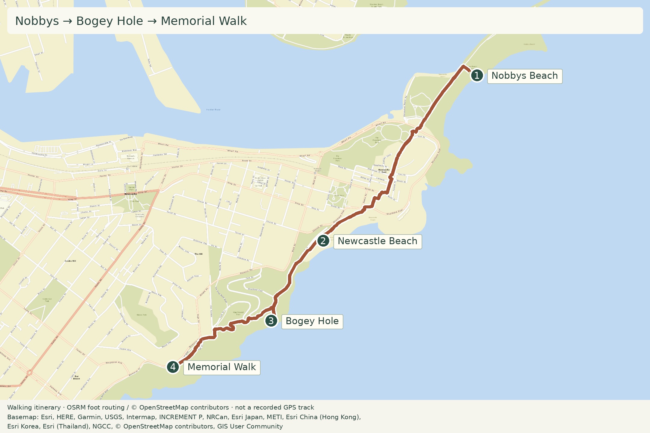 Walking itinerary: Nobbys → Bogey Hole → Memorial Walk
