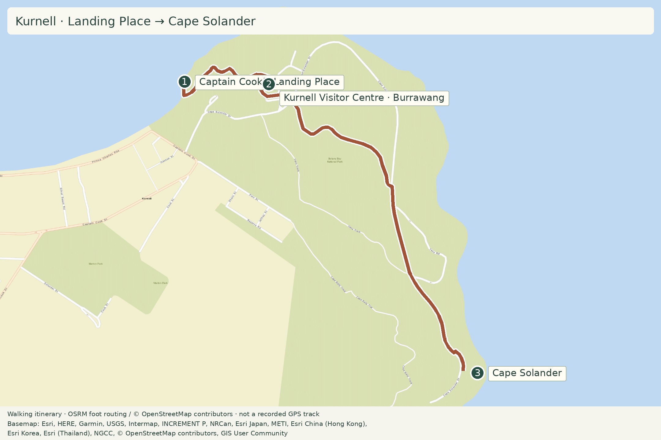 Walking itinerary: Kurnell · Landing Place → Cape Solander